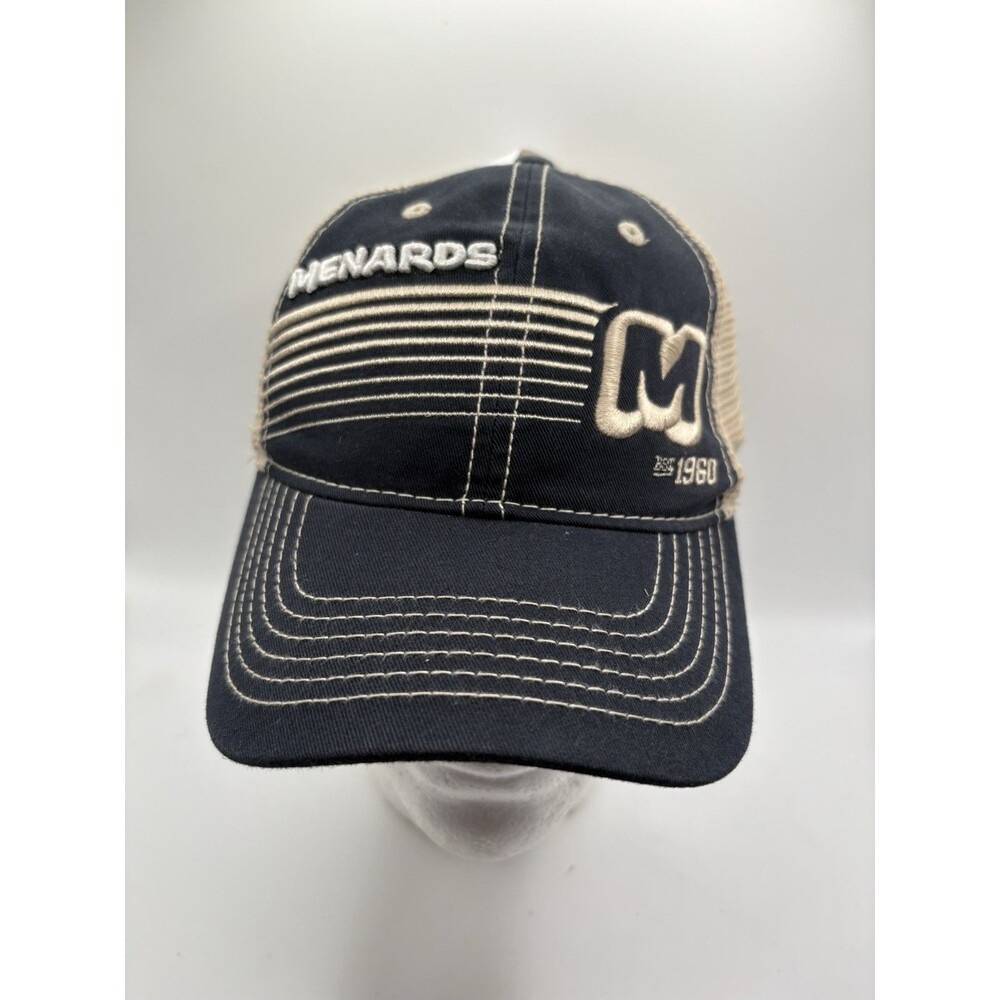NEW Menards Home Improvement Hat Cap Racing Trains O Scale Stripes Blue